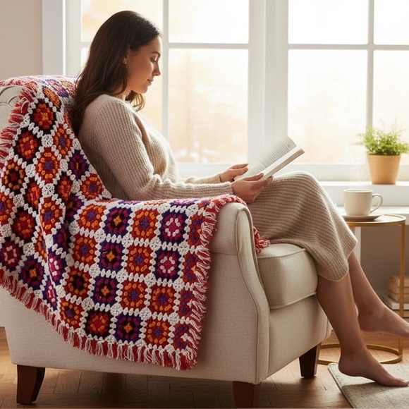 Vtg Large Crochet Knit Granny Square Afghan Throw Blanket Bright Fringe 78 X 92 - Picture 1 of 6